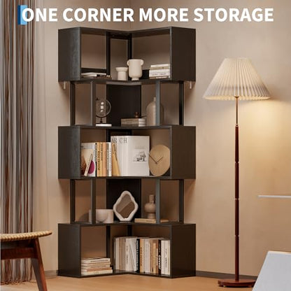 Garvee Corner Bookshelf, 62.6" Tall Metal Wooden Bookcase, Modern Freestanding Corner Shelf with Baffle, 5-Tier L-Shaped Display Rack Storage Organizer for Home Office, Living Room | Modern Freestanding Corner Shelf with Baffle, 5-Tier L-Shaped Display Ra
