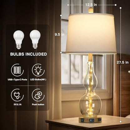 Rinweey 27.5" Clear Glass Table Lamp Set of 2 with Night Light,Bedside Lamps with USB Ports and AC Outlet, Modern Nightstand Lamps Retro Farmhouse lamp for Bedroom Living Room - color: Brown