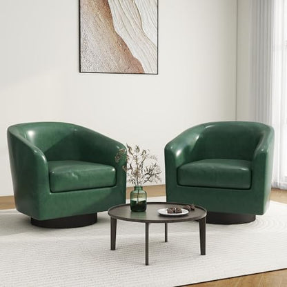 Swivel Barrel Accent Chair, Comfy Reading Armchair, Green, Set of 2 | Club Chairs for Adults, Low-Back Design, Modern Round Style, Solid Wood Frame & Metal Swivel Base, For Living Room & Bedroom - color: Green