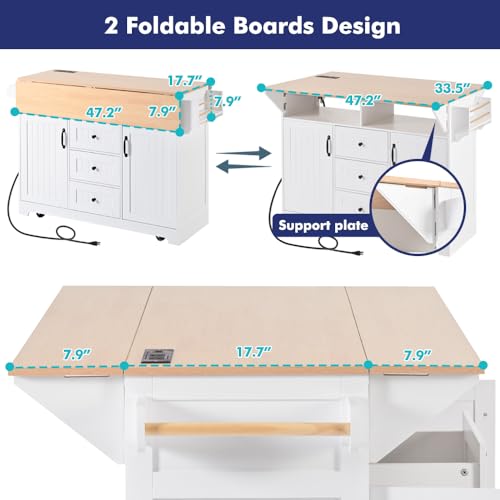 Rolling Kitchen Island with 2 Drop Leaf and Power Outlet, Island Table on Wheels with Towel Rack and Spice Rack, Kitchen Cart with Storage Cabinet and Drawers (White) - color: White