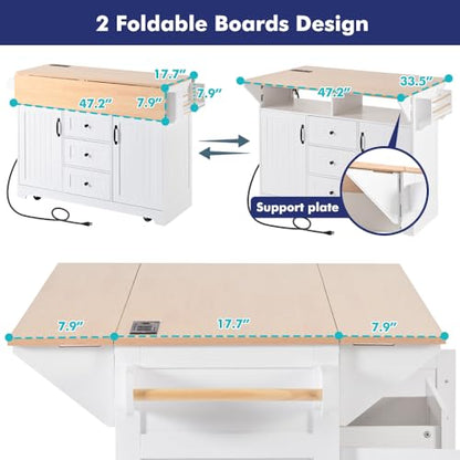 Rolling Kitchen Island with 2 Drop Leaf and Power Outlet, Island Table on Wheels with Towel Rack and Spice Rack, Kitchen Cart with Storage Cabinet and Drawers (White) - color: White