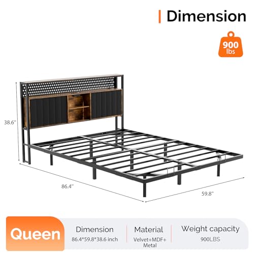 VINGLI Queen Size Floating Bed Frame with LED Lights and Charging Station, Cozy Hidden Storage Velvet Upholstered Bookcase Headboard,No Box Spring Needed,Easy Assembly,Black - color: Industrial Brown, size: Queen