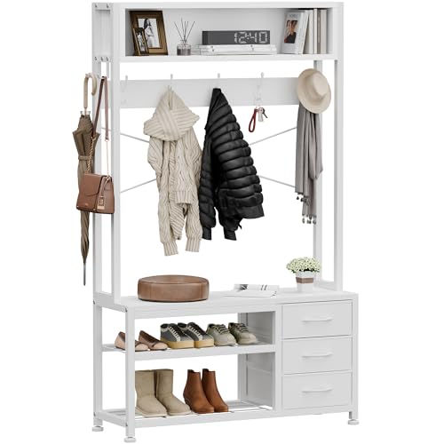 Hall Tree with Bench and 3 Drawers Storage, 31.5" Coat Rack Freestanding | White, 6-in-1, Top Cubby, 12 Coat Hooks, Adjustable Shoe Rack, Sturdy Metal Frame, Entryway Organizer - color: White, size: 31.5"W