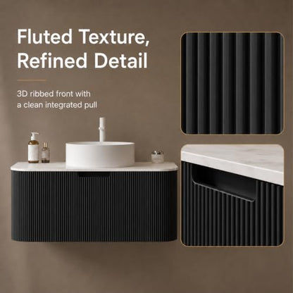 48" Floating Bathroom Vanity with Sink, Wall Mounted Plywood Cabinet, Black Fluted Front, Sintered Stone Countertop, White Round Ceramic Vessel Sink, Soft-Close Drawer, Pre-Assembled - color: Black Cabinet / White Sink, size: 48 Inch