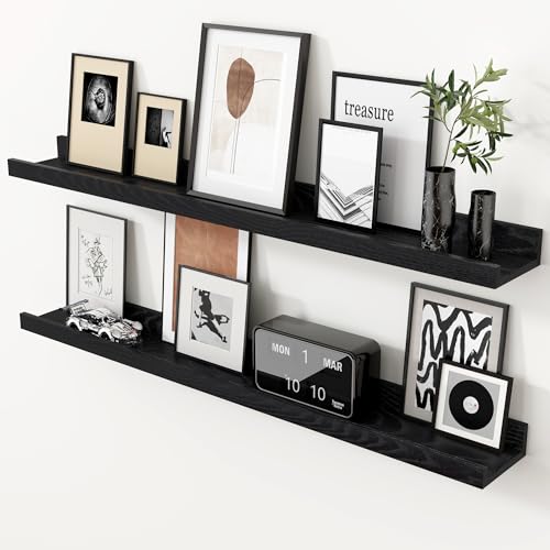 Oak Picture Ledge Shelf, 36 Inch Floating Shelves Set of 2, Solid Oak Wood Wall Shelves with Lip, Wall Decor Storage for Bedroom Living Room Bathroom Kitchen Nursery Photo Picture, Black - color: Black, size: 36inch