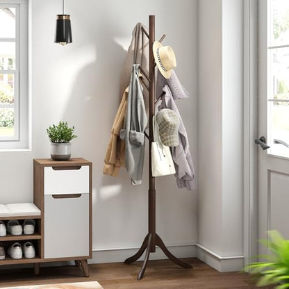 kiplant Bamboo Wood Coat Rack Stand, Freestanding Coat Tree with 8 Hooks, Hallway Entryway Hat Hanger Organizer Standing for Bedroom, Office, Clothes, Jackets, Bags, Umbrallas - color: Brown