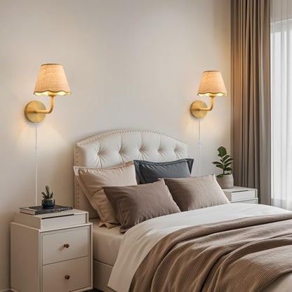 Set of Two Plug in Wall Sconce with 70.8inch Cord and Switch, Hand Woven Ratten Wall Sconces with Grass-Woven Lampshade for Bedroom Living Room Hallway Porch, E26 Base - size: 2-Pack Plug in