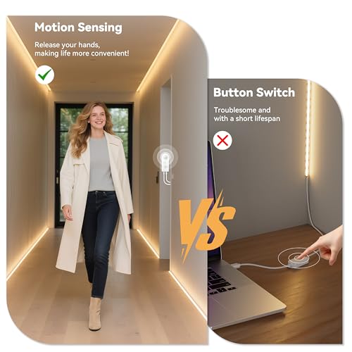 PAUTIX COB LED Strip Lights 2700K Warm White,Motion Sensor LED Lights,Dimmable 24V Motion Activated LED Strip Light,20ft Super Bright with Dual Lighting Mode,for Under Cabinet,Kitchen,Stairs,Bedroom - size: 20 Ft