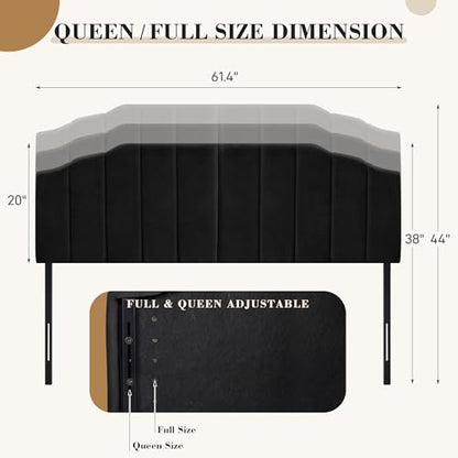 Upholstered Headboard Adjustable Height Queen/King Headboard Cream Velvet Tufted Modern Vertical Channel Design with Stepped Silhouette Top Edge(Black Queen) - color: Black, size: Queen