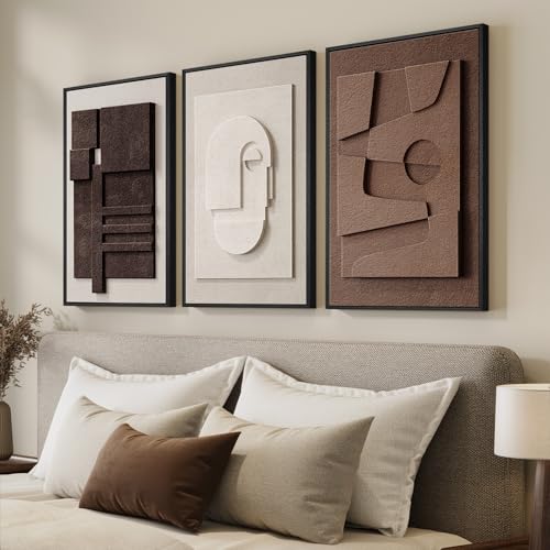 3D Textured Framed Brown and White Abstract Wall Art Set, 3 Piece 16x24 In | Solid wood frames, sculptural relief details, deep brown and ivory tones, ready to display in bedroom living room and dining - color: Brown White, size: 16"w X 24"h X 3pcs