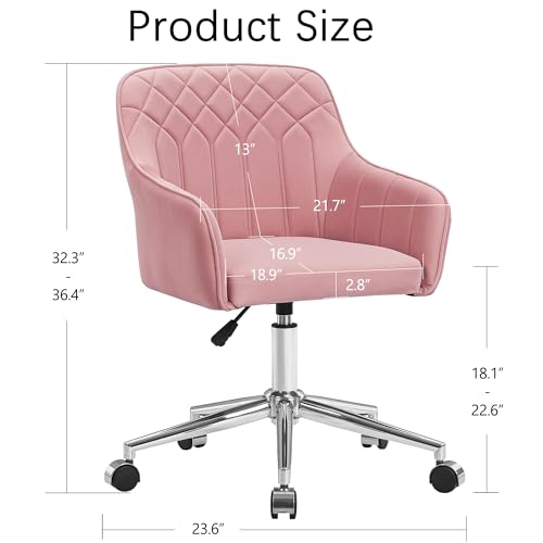 VECELO Modern Velvet Swivel Home Office Desk Chair with Back & Rolling Wheels, Adjustable Seat Height for Girls Women Bed Room Vanity Makeup/Task/Computer Work, Pink - color: Pink