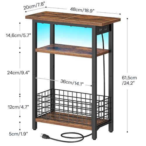 HOOBRO Narrow Side Table with Charging Station and LED Light, Small End Table with Storage, Skinny Nightstand with USB Port, Slim Bedside Table for Small Spaces, Living Room, Rustic Brown BF242UDBZ01 - color: Rustic Brown + Black