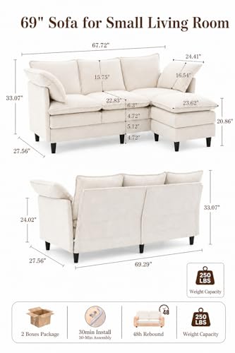 Convertible Sectional Sofa, 69" Small Cloud L-Shaped 3-Seat Couch with Movable Ottoman & Curved Armrest, Modern Chenille Fabric for Living Room, Apartment and Small Space, Beige - color: Beige, size: 3-Seat with Ottoman