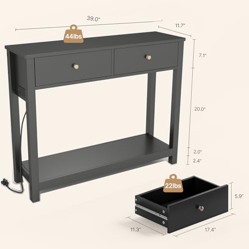 Gizoon Sofa Table with Outlets and USB Ports, Black | Console Table with 3 Drawers, Narrow Long Storage Shelves for Living Room, Couch, Hallway, Foyer, Entryway - color: Black, size: 39"W with Outlets