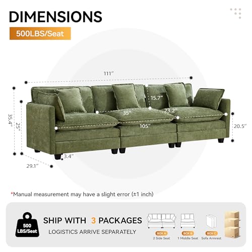 111'' Sectional Cloud Deep Seat Couch, Modern Comfy Chenille Modular Sectional Sofa for Living Room Set, Upholstered Modular 3-Seats Sofa Couch, Green - color: Green, size: 111'' 3 Seats
