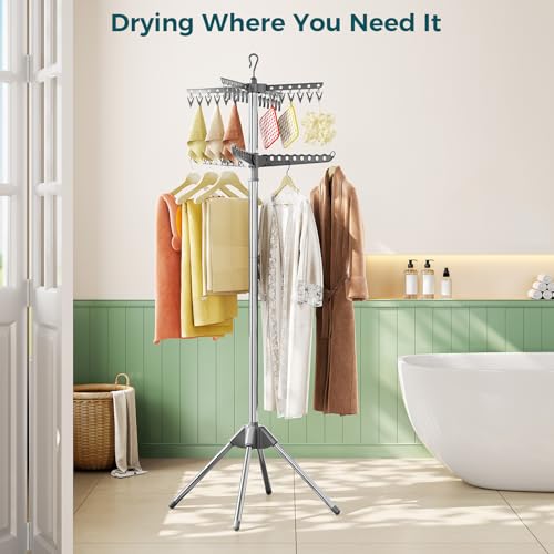 KINGBOARD 2-Tier Clothes Drying Rack, 72" H Drying Rack, 7 Rotatable Arms | 360° Rotatable Arms, 27 Hanger Holes, 24 Clips, Stainless Steel, Tool-Free Setup, Portable for Travel & Home, 30lbs Hold - size: 2 Tier