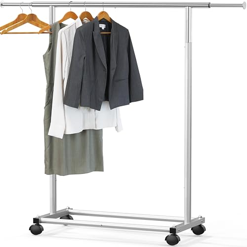 Simple Houseware Standard Rod Garment Clothing Rack, Silver | Single Rail, Extendable Width from 30 to 47 Inches, Rolling Clothing Organizer for Bedroom, Laundry, Living Room - color: Silver