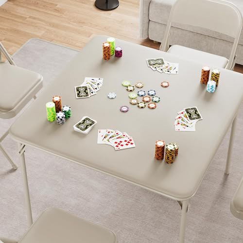 Folding Card Table and Chair Set of 5, No Assembly Required, Beige | Portable Square Card Table with 4 Padded Chairs, Foldable Chairs and Tables for Home, Indoor and Outdoor, Space-Saving
