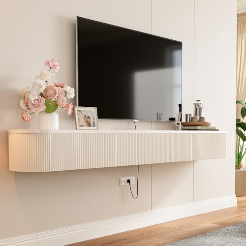 Floating TV Stand with Drawers 55'',Wall Mount TV Stand,Floating Entertainment Center Shelf for Bedroom Living Room Under TV,Fully Assembled,Off-White - color: Milky White, size: 55IN