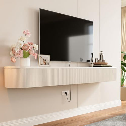 Floating TV Stand with Drawers 94'',Wall Mount TV Stand,Floating Entertainment Center Shelf for Bedroom Living Room Under TV,Fully Assembled,Off-White - color: Milky White, size: 94IN