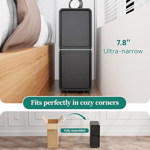 7.8" W Leather Narrow Nightstand Set of 2, Modern Fully-Assembled Bedside Table with 2 Drawers, White Night Stand Small Accent End Table & Side Table for Bedroom, Black - color: Black Set of 2, size: 8in