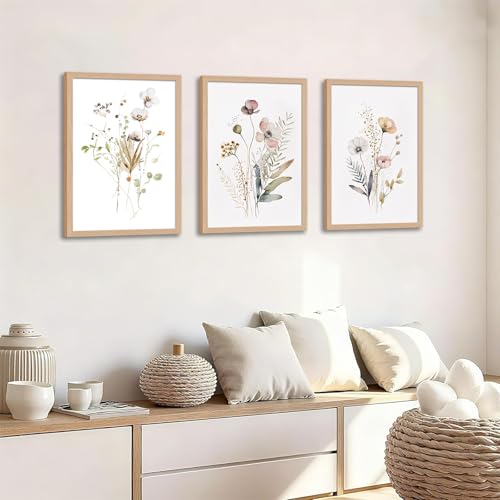 Framed Botanical Canvas Wall Art Set of 3, Watercolor Floral Prints, Framed Flower Wall Decor for Bedroom Bathroom Living Room,ch Each 12x16 In - color: flowers and plants, size: 12x16in