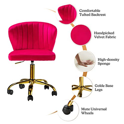 TINA'S HOME Office Desk Chairs with Wheels & Gold Base, Modern Velvet Cute Armless Office Chair, Adjustable Low Back Swivel Rolling Chair, Upholstered Task Chair for Living Room Vanity Study-Fushia | Modern Velvet Cute Armless Office Chair, Adjustable Low