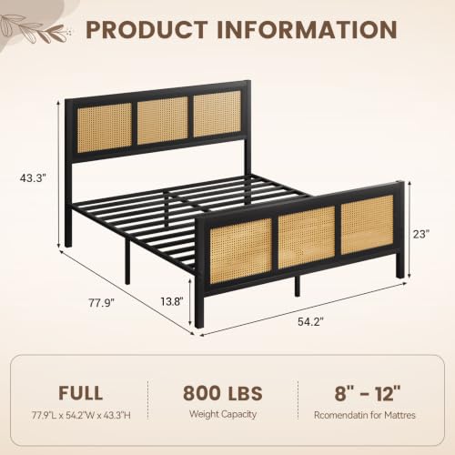 IMMERSTABLE Rattan Full Bed Frame with Headboard and Footboard, Boho Metal Platform Bed Frame Full Size with 13.8 in Under Bed Storage, Heavy Duty Metal Slat Support, No Box Spring Needed, Black - color: Black, size: Full