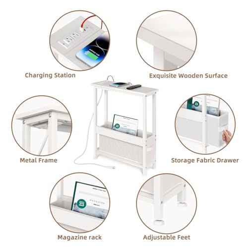 BAMGROW Slim Charging End Table with Storage - for Small Spaces and Bedroom (White) - color: White