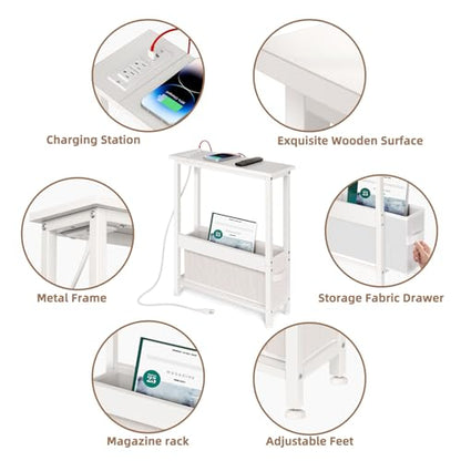 BAMGROW Slim Charging End Table with Storage - for Small Spaces and Bedroom (White) - color: White