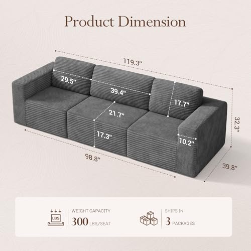 Vesgantti 119" Modular Sectional Sofa, Corduroy Cloud Couch with Deep Seating & Spring Support, 3 Seater Flexible Layout Sofa, Boneless Couch for Living Room & Apartment, No Assembly Required, Grey - color: 119" - 3 Seater Grey