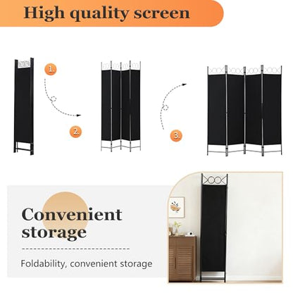 PayLessHere 4 Panel Room Divider 6FT Steel Frame Screen Folding Privacy Divider Freestanding Partition for Home Office Bedroom,Coal Black - color: Coal Black