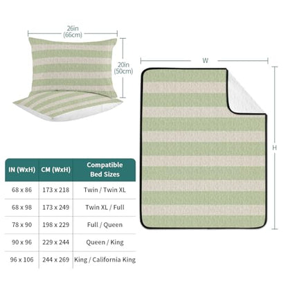 Queen Quilt Bedding Set, Sage Green Stripes Farmhouse Lightweight Coverlet Summer Comforter Set Soft Microfiber Bedspread, Retro Linen Texture 3 Piece Quilt Set with 2 Pillow Shams All Seasons Use - color: Green, size: 90x96in