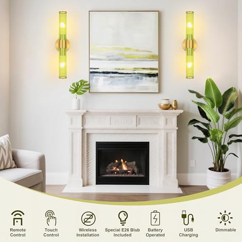 Morauroral Gold Battery Operated Wall Sconces Set of 2, Rechargeable Wall Lights with Remote Control, 20 Inch Modern Wireless Wall Lamp for Bedroom, Living Room with Green Shade (Bulbs Included) - color: Gold （Green Glass）