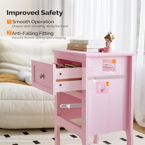 Bonnlo Nightstand Set of 2, Nightstands with 2 Drawers, Bed Side Table/Night Stand, Pink Nightstand, Small Nightstand for Bedroom, College Dorm, Kids’ Room, Living Room, Wood, 16W x 12D x 24H - color: Pink