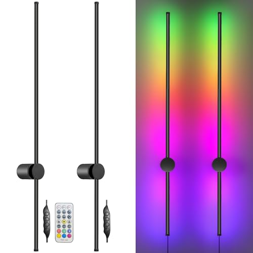 RGB LED Wall Sconces Set of Two with Remote, 15 Color Modes, Dimming, DIY 180° Rotate, Black Plug in Wall Sconces with Warm Light, Dynamic Multicolor Ambience Lights, Plug in Wall Light, 39.4 Inches - color: RGB Colors+Warm Light, size: 39.4 Inches