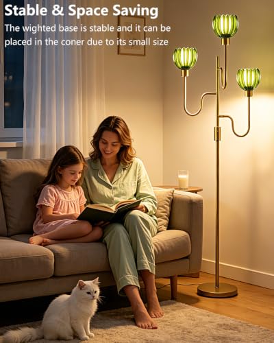Lightdot Dimmable Green Glass Floor Lamp Mid Century Modern Gold Floor Lamps with Warm White Bulbs Included 3-Arm Standing Tall Lamp with 5Lbs Heavy Base for Living Room/Bedroom/Home Office - color: 3 Green Tulip-Gold