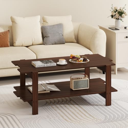 GIANTEX Coffee Table with Storage, 45 Inch Modern Center Table with Slatted Design & Side Rail Support, Rectangular Living Room Table for Small Spaces, Walnut - color: Walnut