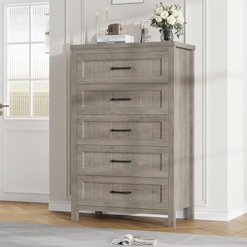 Jocoevol 5 Drawer Dresser for Bedroom - Farmhouse 44.9" Tall Chest of Dresser with Large Storage, Rubst Wood Construction for Living Room, Hallway & Entryway - Gray - color: Grey