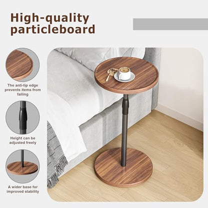 Adjustable Round Side Table, Pedestal Drink Table for Small Spaces | Small End Table, Tall Round Nightstand for Living Room Bedroom Brown ET-010BR - color: Brown