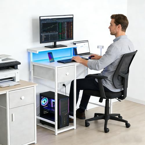 X-cosrack 33.5" Small Computer Desk with Monitor Stand & Outlets, Small Gaming Desk with LED Light & CPU Stand, Teen Study Writing Table with Storage Drawer, Side Hooks for Bedroom, Home Office White - color: White, size: 33.5"