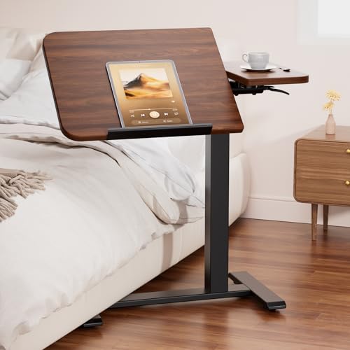 COMHOMA Tiltable Mobile Small Standing Desk, Pneumatic Adjustable Height Overbed Bedside Table with Wheels, Sit Stand Portable Rolling Laptop Desk Computer Workstations, Walnut - color: Walnut