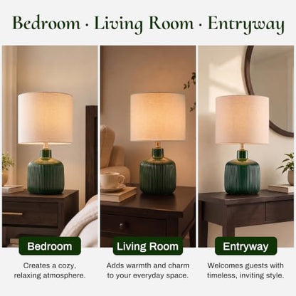 Glazed Ceramic Table Lamp, 17.5" Rustic Farmhouse Bedside Lamp with Beige Linen Shade, Warm Ambient Nightstand Lighting for Bedroom or Living Room, Dark Green Glossy