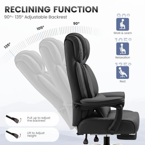 BestGlory Office Desk Chair, Big and Tall Leather Gaming Chair with Footrest, Ergonomic Comfy Executive High-Back Reclining Computer Chairs, Wide Swivel Rolling Wheels and Padded Lumbar Support, Black - color: Black 2.0, style: Freely Reclining