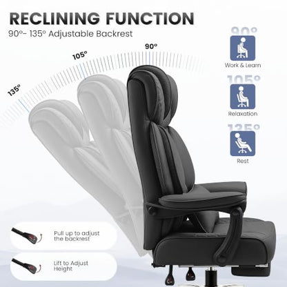 BestGlory Office Desk Chair, Big and Tall Leather Gaming Chair with Footrest, Ergonomic Comfy Executive High-Back Reclining Computer Chairs, Wide Swivel Rolling Wheels and Padded Lumbar Support, Black - color: Black 2.0, style: Freely Reclining