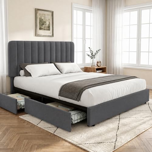 VECELO Full Size Upholstered Bed Frame with 4 Drawers and Headboard, Velvet Platform Storage Bedframe, Wooden Slats Support, No Box Spring Needed,Dark Grey - color: Dark Grey, size: Full, style: Bed Frame with Drawer