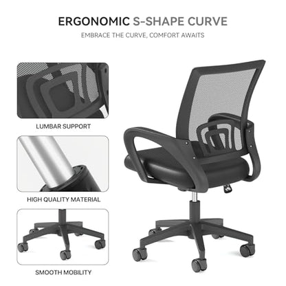 Ergonomic Office Chair, Mid-Back Mesh Desk Chair, Computer Chair, Black | Lumbar Support, Rocking Mode, Height Adjustable, Fixed Armrest, for Computer, Gaming, Conference, Meeting - color: Black