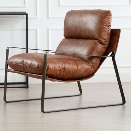 LukeAlon Modern PU Leather Accent Armchair, Brown | Pu Leather Upholstered Living Room Chair With Brass Frame & Thickened Cushion, Comfy Single Lounge Sofa for Bedroom, Office - color: Brown-lychee Grain