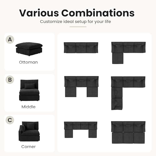 Cloud Couch Modular Sectional Sofa,82.68" L Shaped Couch,Down Filled Convertible Wide Seater, 2 Seater+Ottoman for Living Room Set,Covers Washable&Replaceable,Black - color: Black, size: 2 Seat &Ottoman