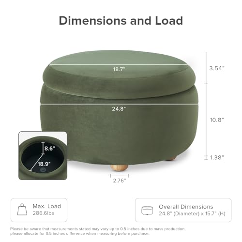 mopio Luna Round Ottoman with Storage and Tray, Round Coffee Table with Storage, Upholstered Foot Stools Ottoman for Living Room, Bedroom, with Solid Rubberwood Legs (Olive Green Premium Velvet) - color: Green Velvet, Round